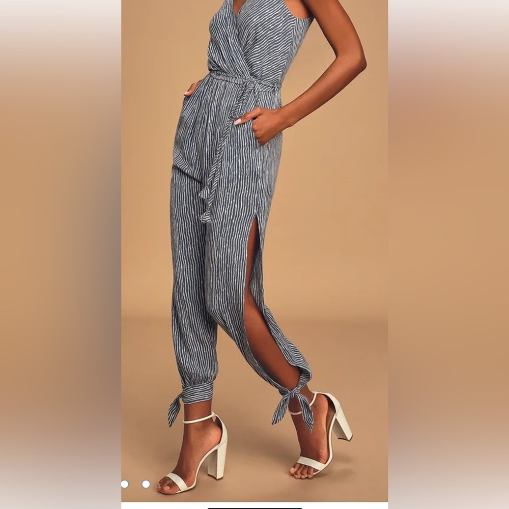 Dress Forum Blue Stripe Ankle Tie Jumpsuit